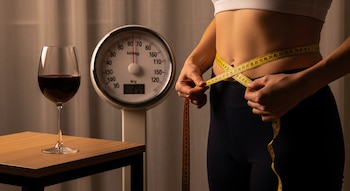 Vista parcial de una persona midiendo su cintura con una cinta métrica amarilla, con una balanza de peso y una copa de vino tinto sobre una mesa de madera a su lado.