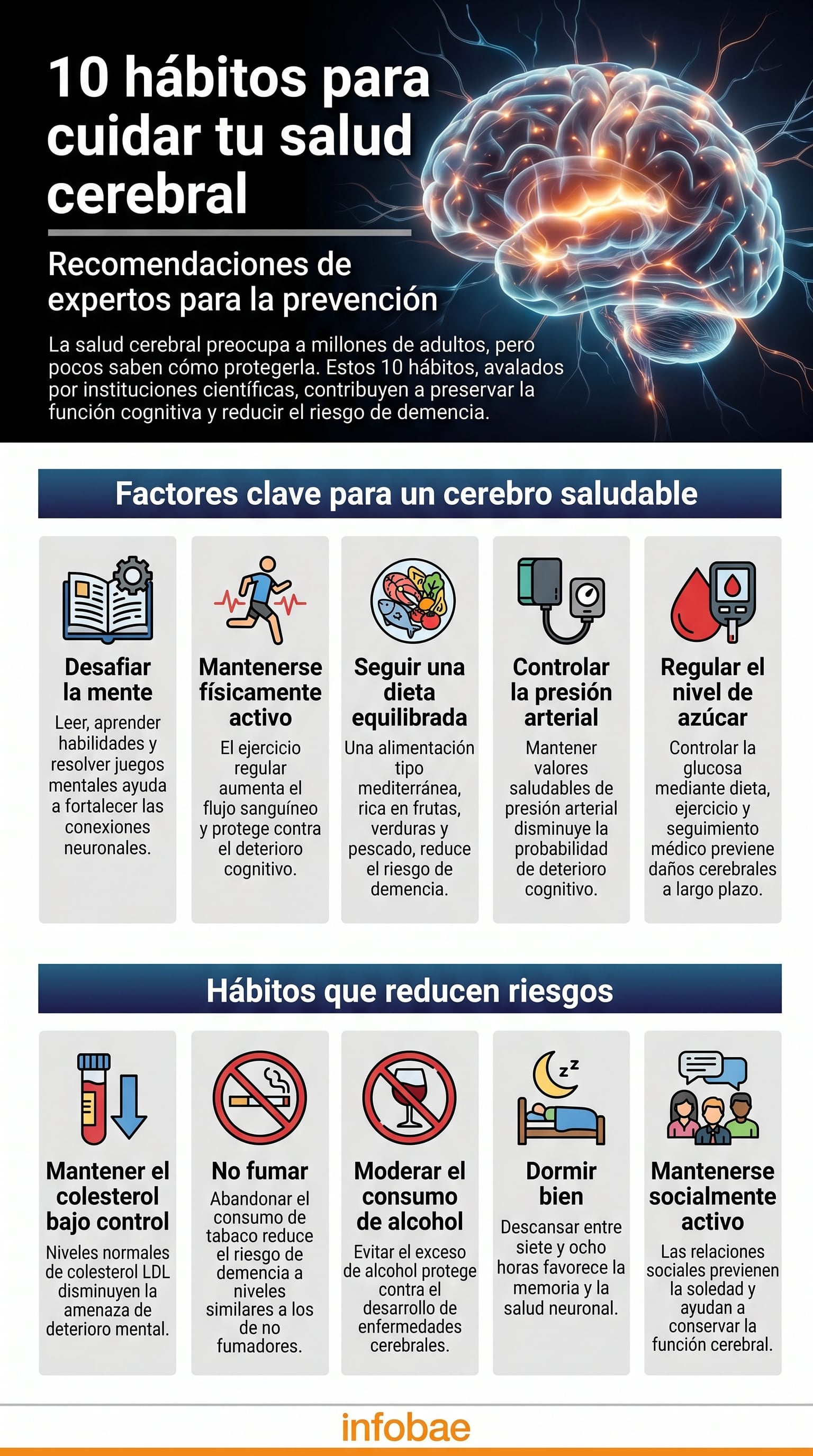 Cada acción, desde leer hasta dormir bien, influye en la vitalidad del cerebro según especialistas en neurología y salud pública (Infografía Infobae)