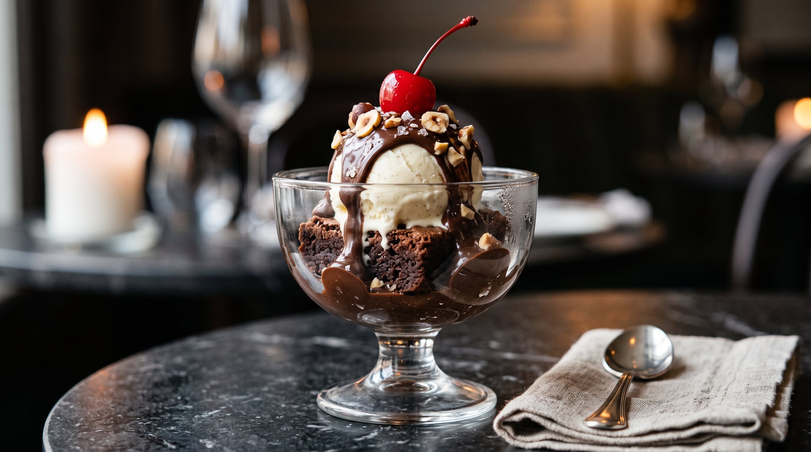 Una porción de brownie tibio se completa con helado, salsa de chocolate, crema y frutos secos para contrastar temperaturas y texturas (Imagen Ilustrativa Infobae)