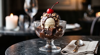 Copa de cristal con brownie, helado de vainilla, jarabe de chocolate, avellanas y cereza sobre mesa de mármol junto a una cuchara y servilleta.