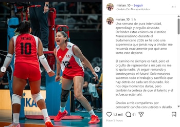 El post de Mirian Patiño en redes sociales en que agradece el desempeño de sus compañeras en el Campeonato Sudamericano de Vóley 2026.