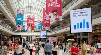 Vista interior de un concurrido centro comercial con múltiples niveles, techo de cristal, banners publicitarios y una pantalla mostrando un gráfico de ventas.