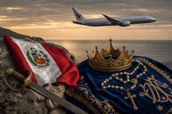 Una bandera de Perú y un sable sobre una roca, una corona con un rosario sobre un manto azul y un avión volando sobre el mar.