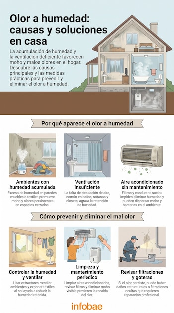 Infografía sobre olor a humedad en el hogar. Muestra una casa seccionada, tres ejemplos de causas y tres ejemplos de soluciones. Incluye texto explicativo y logo.