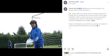 El club Embajador compartió el video de la visita de Andrés a la sede del equipo, ubicada en el norte de Bogotá, y allí compartió con el plantel de un rato agradable, luego de que el día anterior salió entre lágrimas de El Campín - crédito @millosfcoficial/IG
