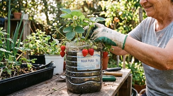 Una persona con guantes manipula una planta de fresas que crece en una garrafa de plástico cortada, con varias fresas rojas y flores blancas.
