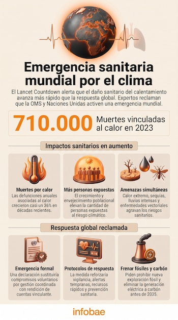 Gráfico con una ilustración de la Tierra, un electrocardiograma e iconos sobre consecuencias climáticas y medidas de respuesta para la salud.
