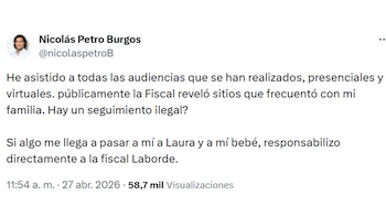 El hijo del presidente Gustavo Petro cuestionó el proceder de la fiscal y la expuso como responsable de cualquier situación crítica que pudiera afectar a su familia - crédito @nicolaspetroB/X