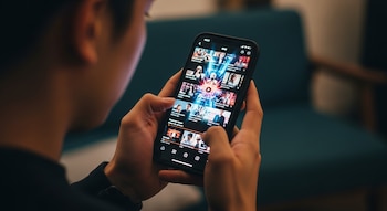 Primer plano de una persona sosteniendo un smartphone con ambas manos, navegando por una aplicación que muestra miniaturas de videos verticales en la pantalla iluminada.