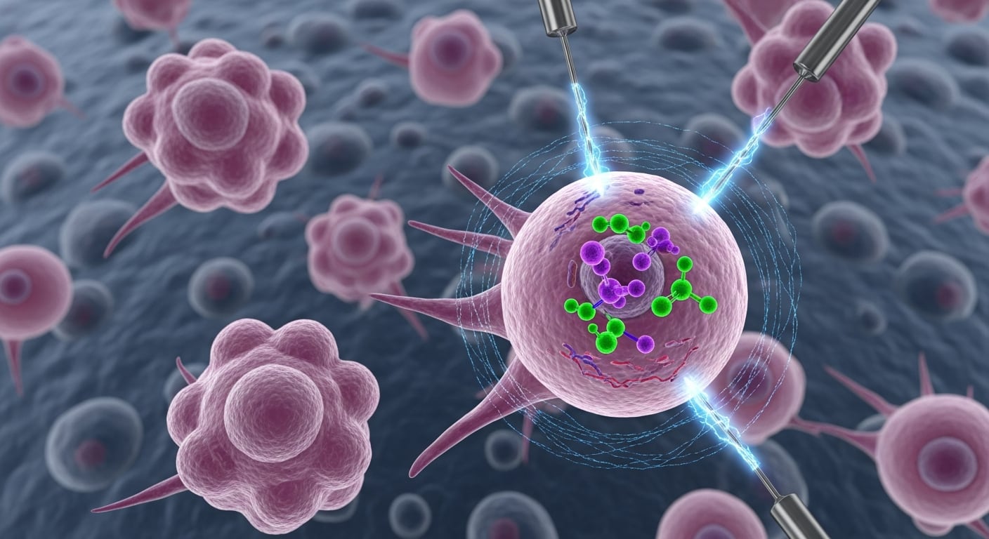 Una ilustración representa la electroquimioterapia, que potencia los efectos de fármacos anticancerígenos mediante pulsos eléctricos breves y controlados contra una célula de cáncer de cuello de útero (Imagen Ilustrativa Infobae)