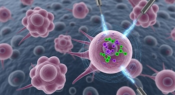 Una célula rosa grande con espinas recibe pulsos eléctricos azules de dos sondas, junto a moléculas verdes y púrpuras en su interior, rodeada de otras células difusas.