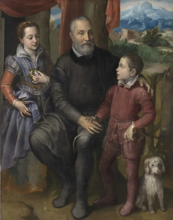 Sofonisba Anguissola, Retrato de grupo con el padre de la artista, Amilcare Anguissola, y sus hermanos Minerva y Asdrubale (hacia 1559). Nivaagaards Malerisamling.