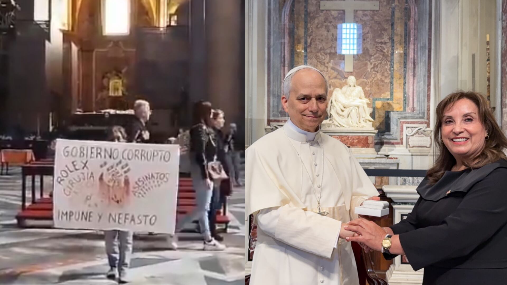 Retienen a ciudadanos peruanos que portaban carteles de protesta contra la presidenta Dina Boluarte cerca del Vaticano. Foto: Difusión / Presidencia Perú