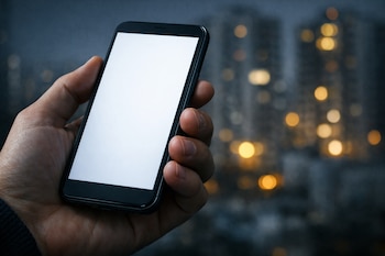 Mano sostiene un teléfono inteligente con pantalla blanca encendida, sin notificaciones visibles. Fondo desenfocado muestra edificios y luces urbanas.