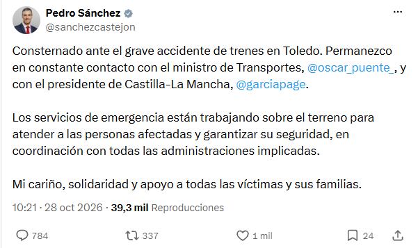 Pedro Sánchez está en contacto con Óscar Puente y García-Page por el choque de trenes (X)