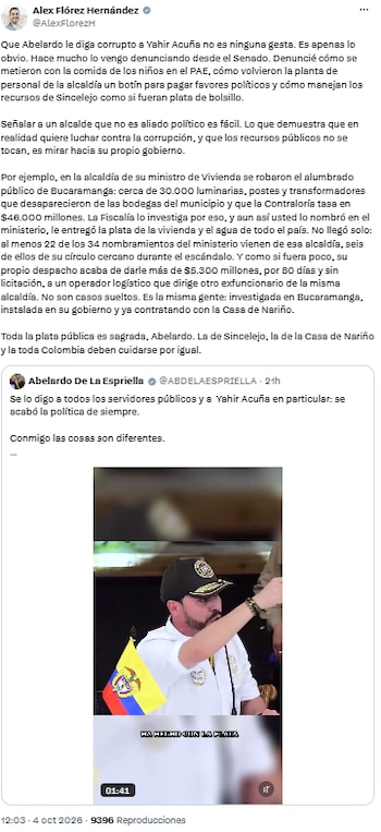 Alex Flórez pidió revisar los vínculos del Gobierno con Bucaramanga - crédito @AlexFlorezH/X
