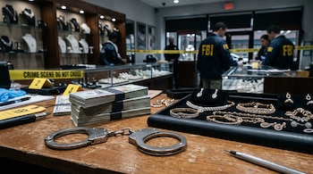 Esposas, fajos de billetes y joyas sobre un mostrador frente a agentes con chaquetas del FBI en una joyería.