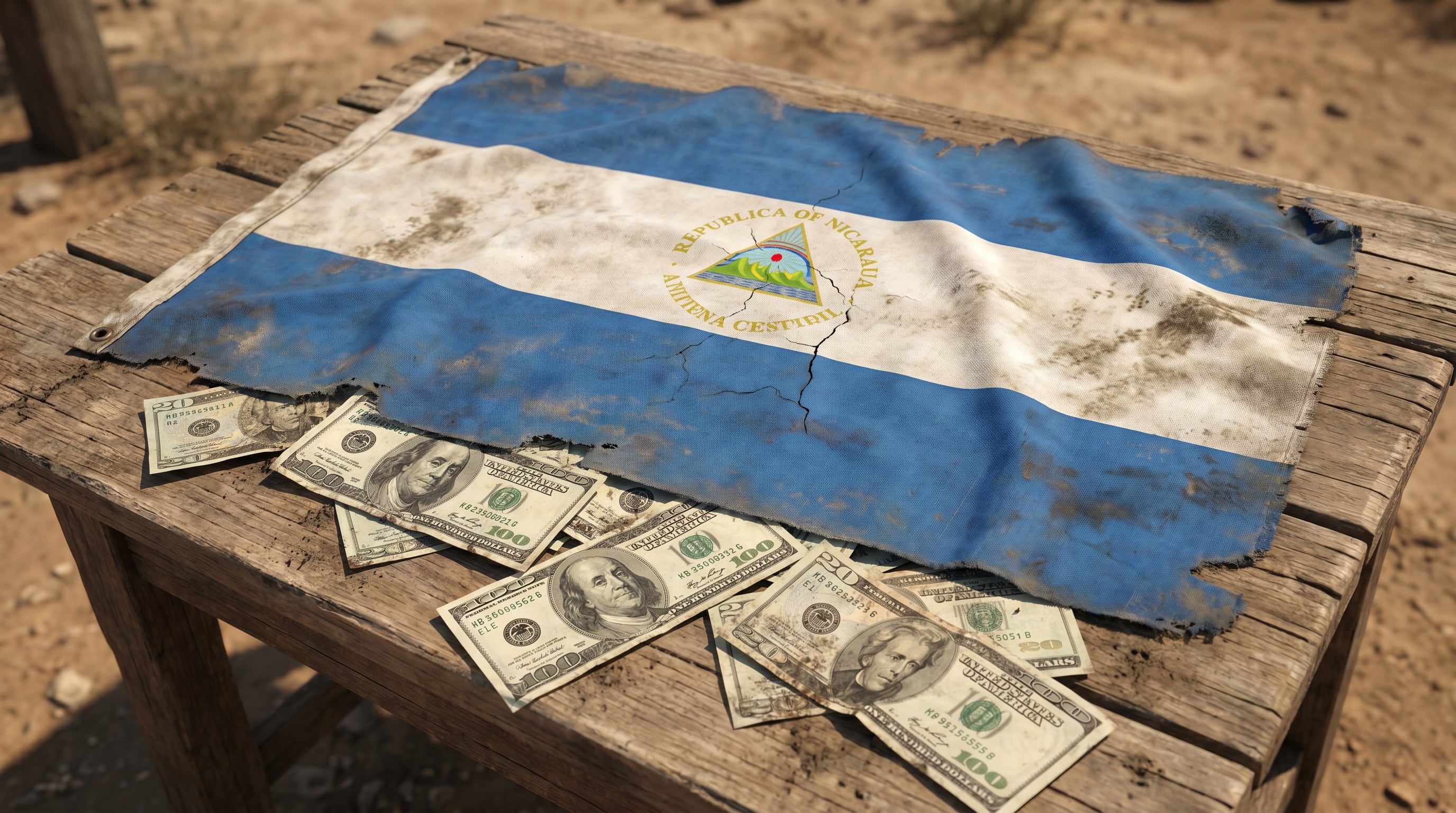 Una bandera nicaragüense desgastada y rasgada cubre parcialmente varios billetes de dólar estadounidense sobre una superficie de madera rústica, sugiriendo una situación económica precaria. (Imagen Ilustrativa Infobae)