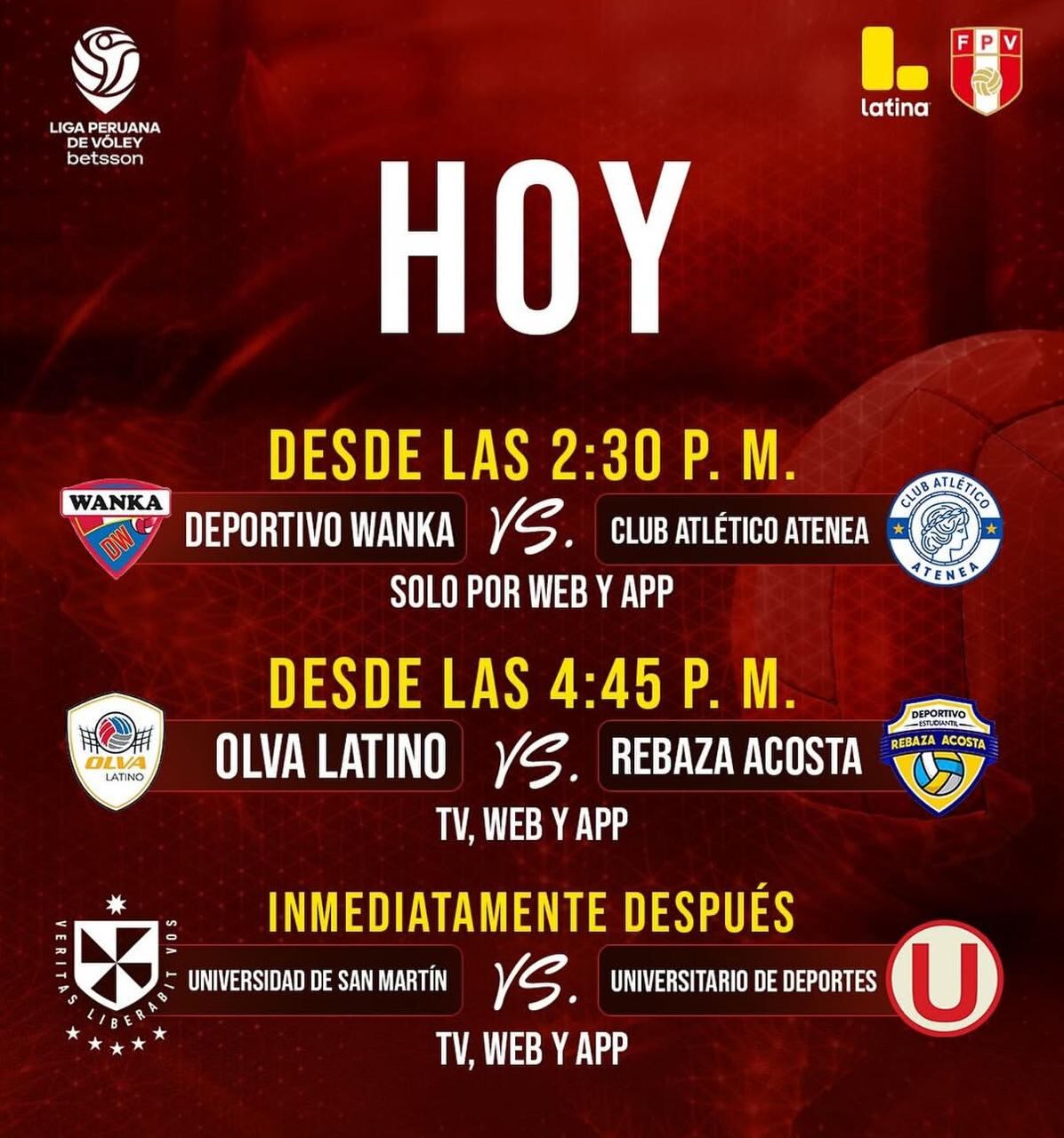 Todos los partidos del sábado 15 de noviembre de la Liga Peruana de Vóley 2025/2026.