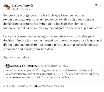 Petro lanzó insultos a la exvicepresidenta de la República en el Gobierno de Iván Duque aseguró que no se considera ni pretende ser una princesa - crédito @mluciaramirez/X