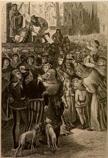Grabado de un juicio de animales medieval, donde un cerdo vestido está en un estrado con figuras humanas, observado por una multitud en una plaza