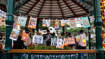 Quiosco de metal con fotografías de perros y gatos colgadas de cordeles, flores amarillas y rojas, y personas reunidas en el interior