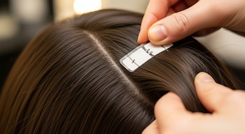 Primer plano de cabeza con cabello castaño oscuro, manos humanas aplicando una extensión de cabello con adhesivo de cinta blanca.