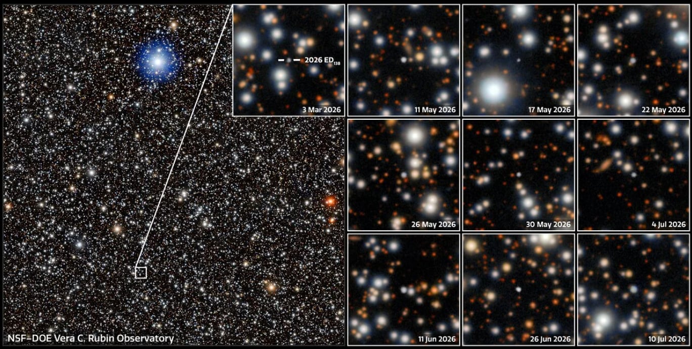 Imágenes del descubrimiento ED138 de Rubin. ( NSF–DOE Vera C. Rubin Observatory/NOIRLab/SLAC/AURA; Procesamiento de imágenes: M. Juri/UW, D. de Martin y M. Zamani/NSF NOIRLab )