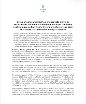 Comunicado oficial del Ministerio de Salud sobre crisis en el Valle del Cauca - crédito Ministerio de Salud