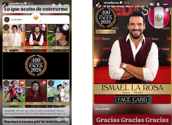 Captura de pantalla de historia de Instagram con tarjetas de nominación para Los 100 Rostros Más Guapos 2026. Se incluye a Ismael La Rosa con la bandera de Perú