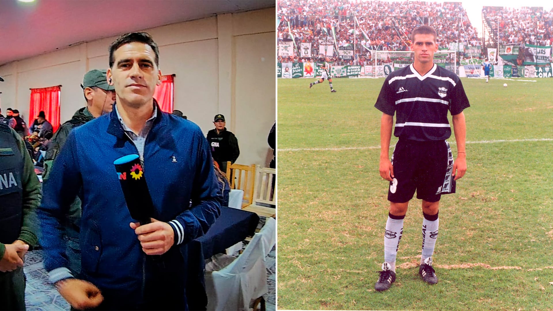 Domenech, frente a la cámara y en su etapa como futbolista en Riestra