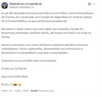 El jefe de Estado señaló que su administración no permitirá que los grupos armados ilegales intenten generar pánico y miedo en el territorio - crédito @ABDELAESPRIELLA
