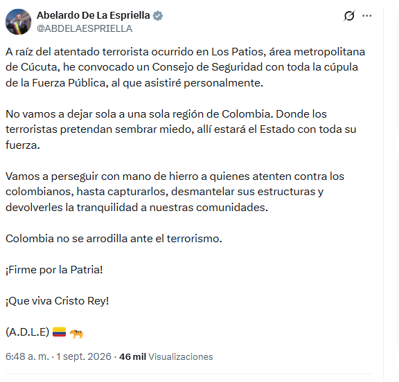 El jefe de Estado señaló que su administración no permitirá que los grupos armados ilegales intenten generar pánico y miedo en el territorio - crédito @ABDELAESPRIELLA
