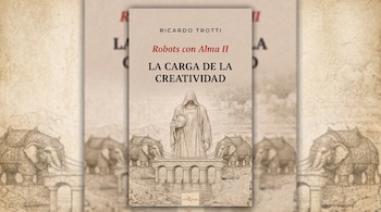 Portada de libro con el título Robots con Alma II, una figura encapuchada sosteniendo una esfera y dos elefantes sobre un puente.