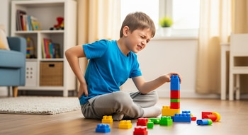 Niño con camiseta azul y pantalón gris, sentado en el suelo de madera, juega con bloques de colores. Se toca la espalda baja con expresión de dolor.