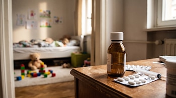 Un frasco de jarabe, dos blísteres con pastillas y una jeringa reposan sobre una mesa de madera con una habitación infantil de fondo.