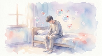 Ilustración acuarela de un joven sentado en una cama, cabeza gacha, con burbujas translúcidas de íconos de redes sociales flotando a su alrededor en una habitación pastel.