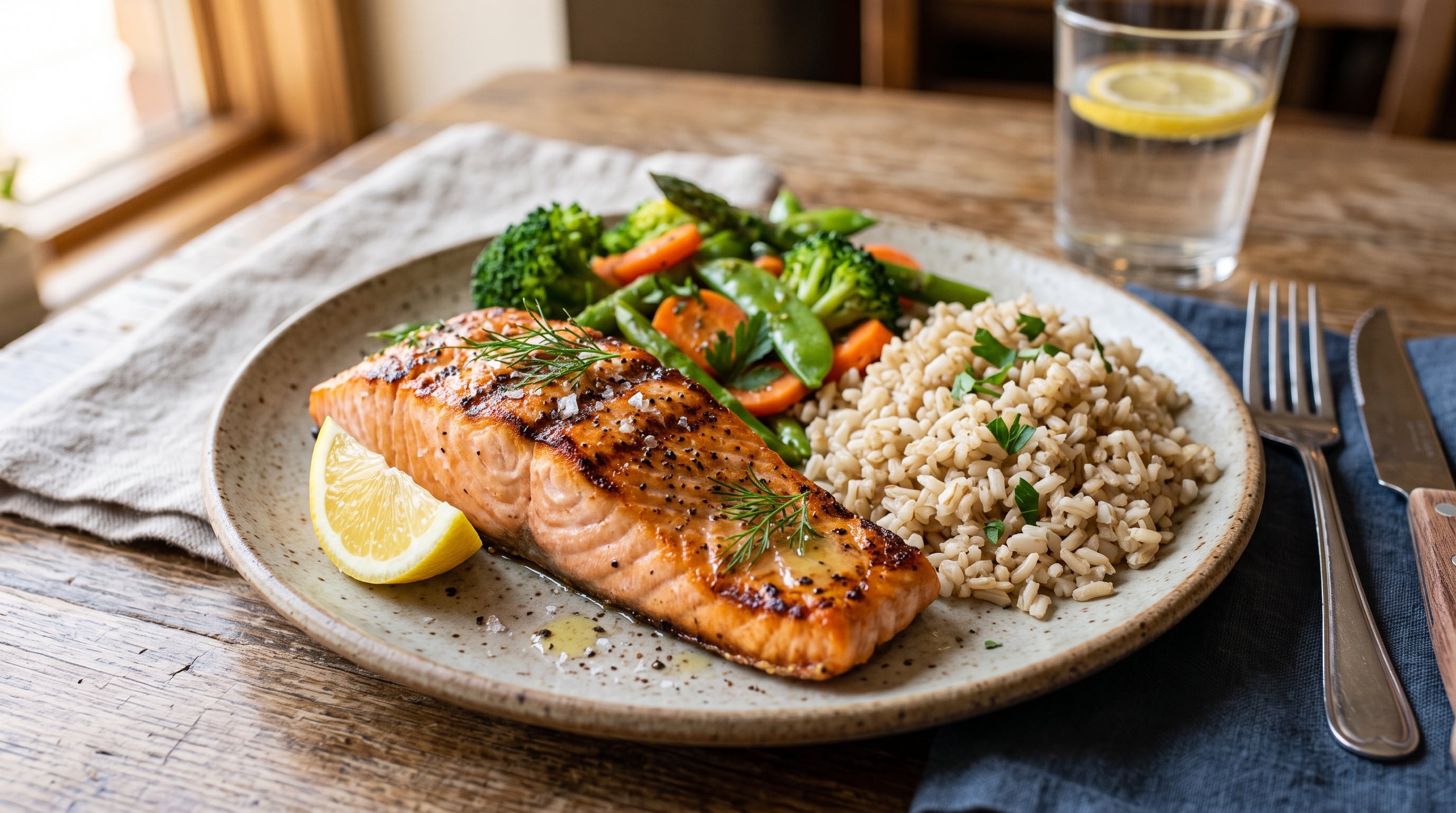 Expertos en nutrición recomiendan: a partir de los 60 años, el almuerzo ideal es salmón o pollo a la plancha con verduras al vapor y arroz integral