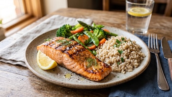 Expertos en nutrición recomiendan: a partir de los 60 años, el almuerzo ideal es salmón o pollo a la plancha con verduras al vapor y arroz integral