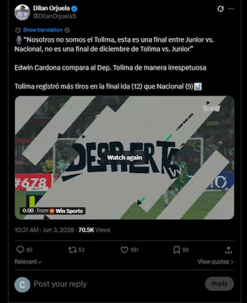 Edwin Cardona encendió la polémica tras el 0-3 de Atlético Nacional ante Junior en la ida de la final de la Liga BetPlay 2026-I.-crédito @DilanOrjuela5/X