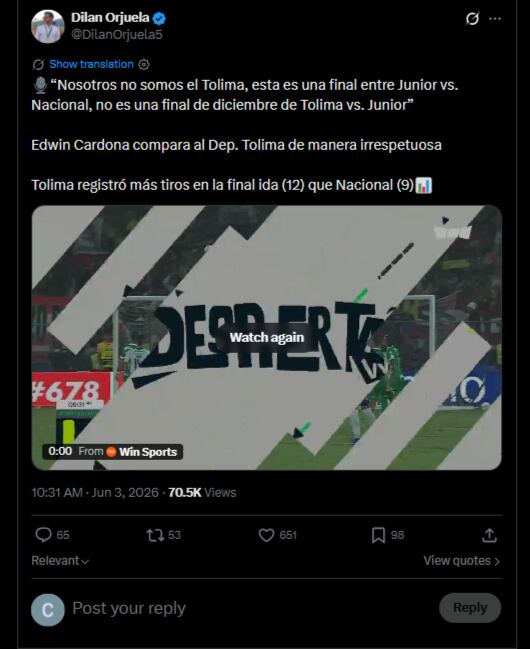Edwin Cardona encendió la polémica tras el 0-3 de Atlético Nacional ante Junior en la ida de la final de la Liga BetPlay 2026-I.-crédito @DilanOrjuela5/X