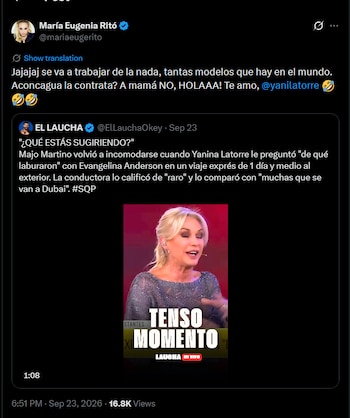 Captura de pantalla de un mensaje en la red social X de María Eugenia Ritó, que incluye texto y una miniatura de video