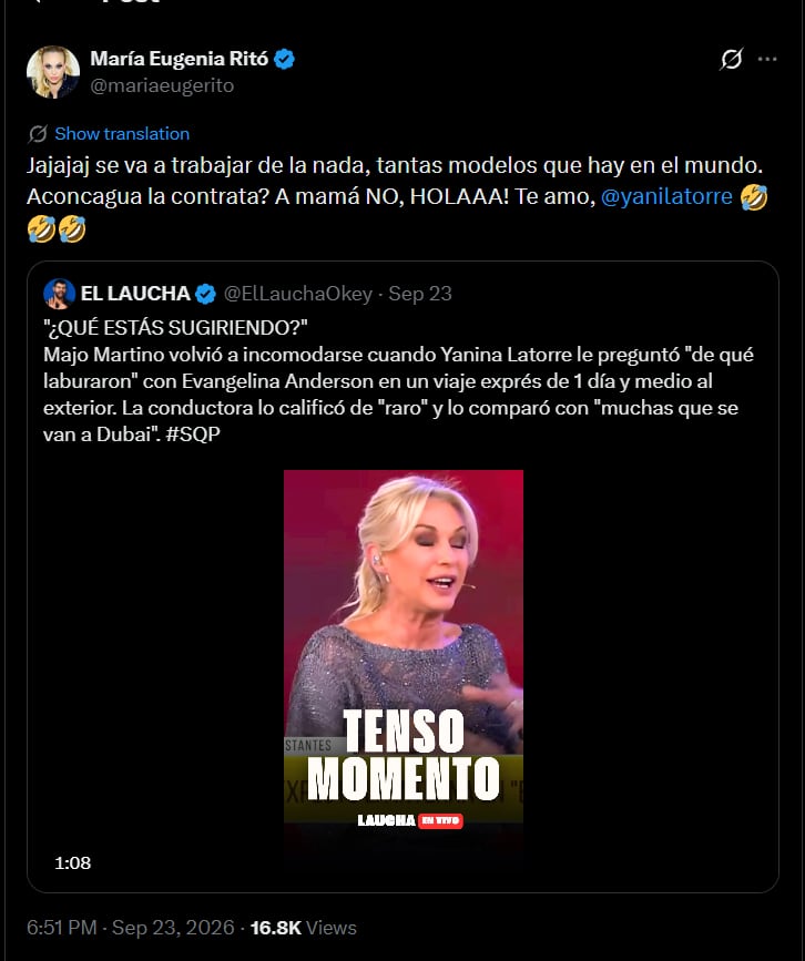 María Eugenia Ritó compartió un mensaje en redes sociales para opinar sobre el cruce mediático entre Majo Martino y Yanina Latorre.