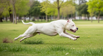 Un perro dogo argentino blanco corre en el aire sobre el césped de un parque, dejando un rastro de tierra.