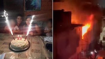 Imagen dividida verticalmente. A la izquierda, un hombre, una mujer y dos niños borrosos con pastel y velas; a la derecha, un edificio en llamas