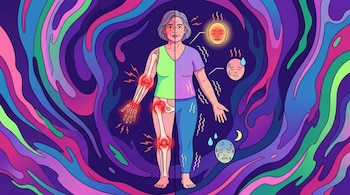 Ilustración de mujer dividida: un lado con articulaciones inflamadas (manos, rodillas, caderas); el otro con zonas difusas de molestia, sofocos y sudoración, sobre fondo vibrante.