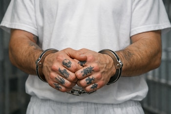 Primer plano de las manos de una persona esposadas, mostrando tatuajes de un cráneo y otros diseños en los nudillos, vestida con una camisa blanca de manga corta.