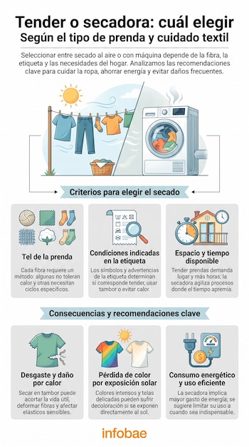 Infografía con ilustraciones de ropa colgada al sol y una secadora de tambor, acompañada de cuadros explicativos sobre cuidado textil.