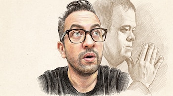 Dibujo de un hombre con gafas, barba y boca abierta, expresando sorpresa. Al fondo, un esbozo monocromático de otro hombre de perfil.