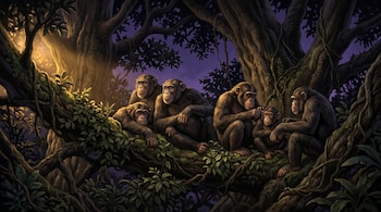 Seis chimpancés están sentados sobre una rama gruesa rodeada de hojas y lianas bajo la luz del atardecer.